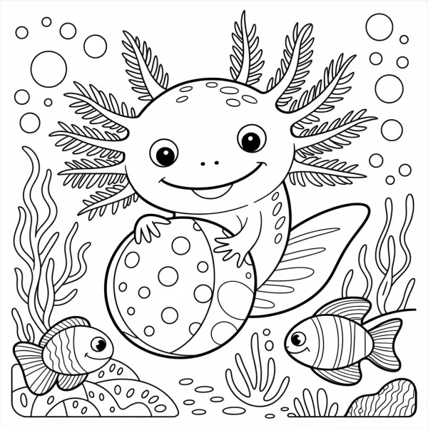Cute axolotl holding a spotted ball, cartoon style — free printable childlike coloring book page