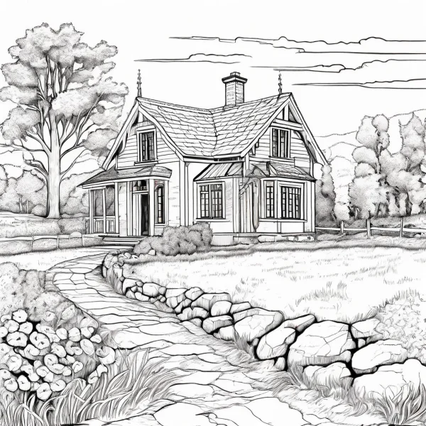 Rural cottage with pastoral landscape, realistic line art style — free printable rural life coloring book page