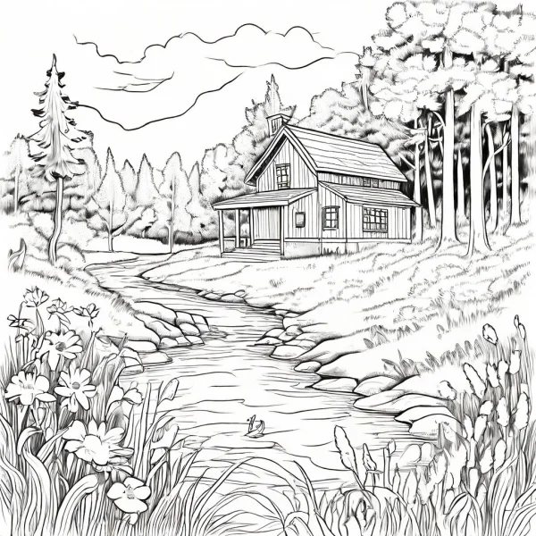 Countryside cottage by a stream in the forest, realistic illustration style — free printable pastoral coloring book page