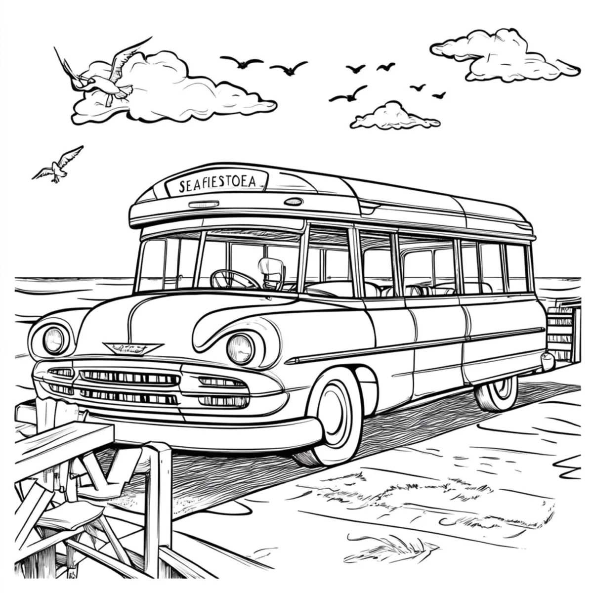 Vintage seaside bus, realistic line art style — realistic style — moderate detail — line art coloring page — for kids and adults of all ages