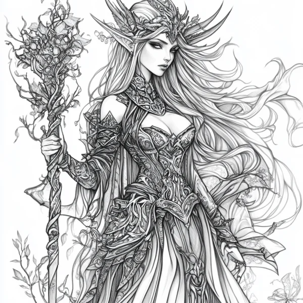 Elf queen holding a wooden staff with decorative vines and branches, fantasy illustration style — free printable elves coloring book page