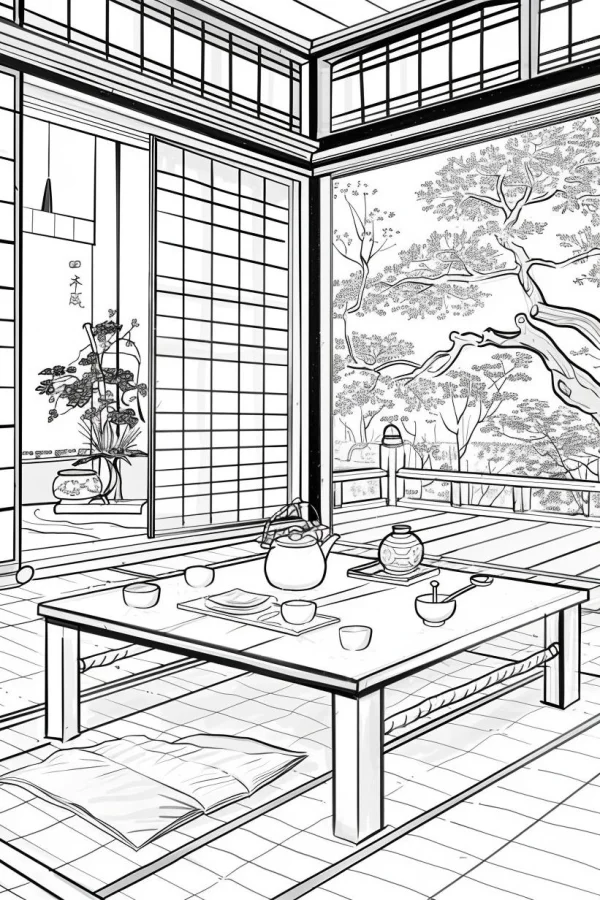 Japanese tea room scene, japanese style — free printable tea culture coloring book page