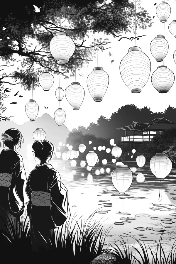 Two women in kimono admiring floating lanterns over a lake, japanese style — free printable obon festival coloring book page