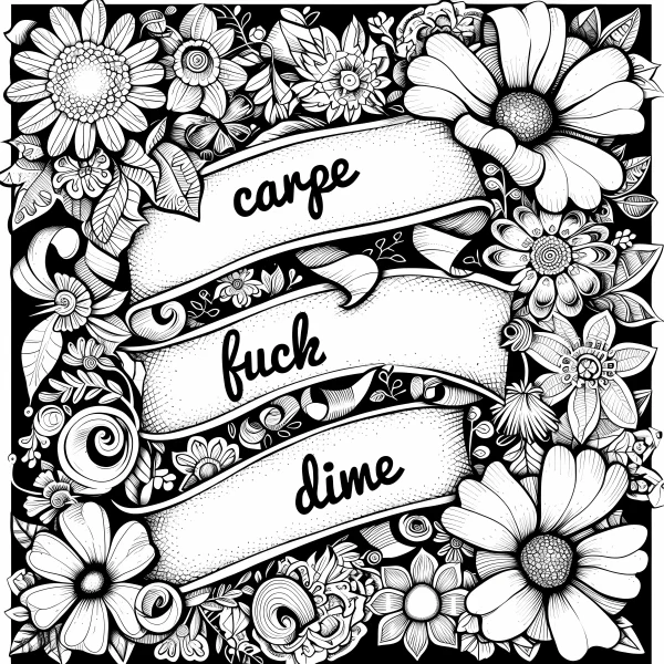 Vulgar text scroll surrounded by various flowers and leaves, decorative art style — free printable creative art coloring book page