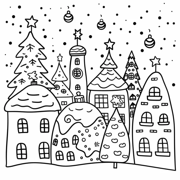 Cute christmas fairy town, cartoon style — free printable town coloring book page