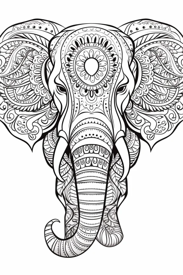 Decorative elephant head with intricate mandala patterns, indian style — free printable india coloring book page