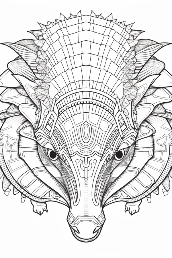 Geometric decorated fantasy armadillo, art deco and fantasy style — free printable geometric decor coloring book page