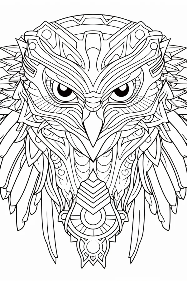 Tribal style owl head, symmetrical intricate tribal patterns — free printable totem coloring book page
