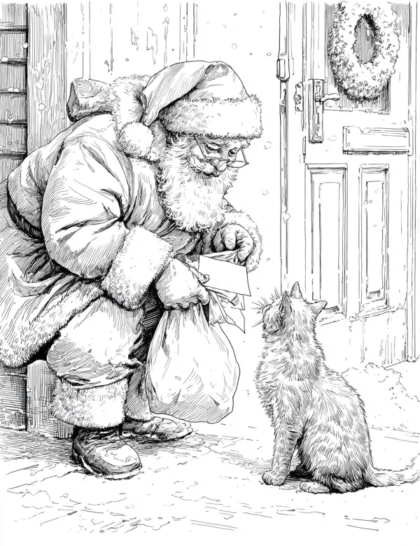 Coloring book page, santa claus interacting with a cat — free printable life scenes coloring book page