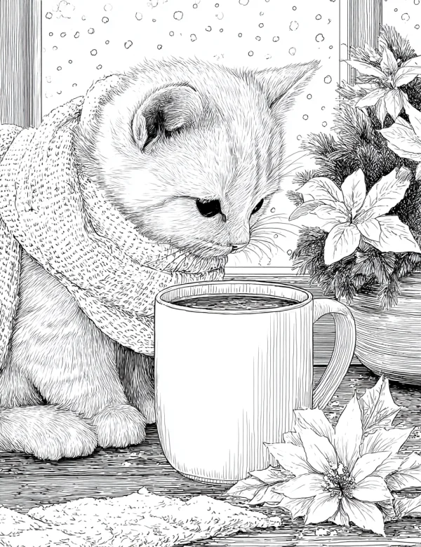 Cute kitten wearing knitted scarf next to a mug, christmas winter theme with poinsettias and small christmas tree — free printable cozy daily life coloring book page