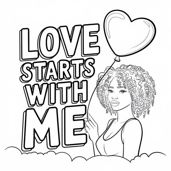 Curly-haired girl holding heart-shaped balloon, cartoon line art style — free printable self-care coloring book page