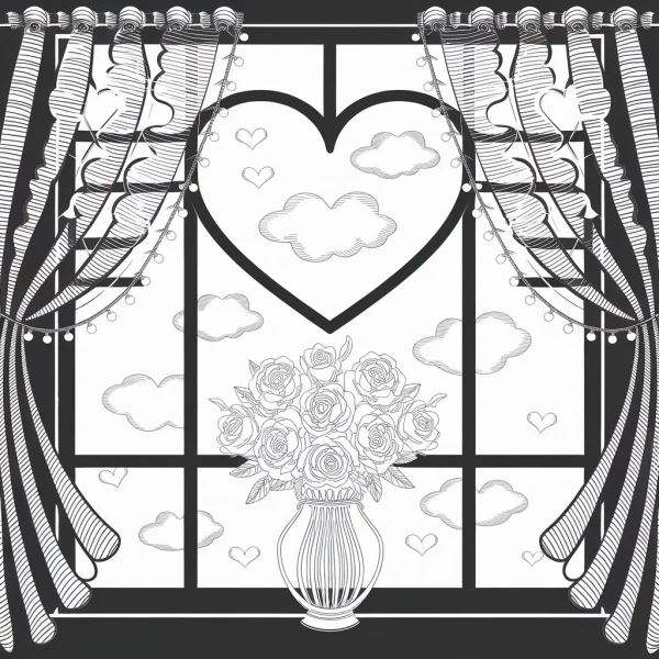 Heart-shaped window with rose bouquet in vase, sketch style — free printable daily life coloring book page