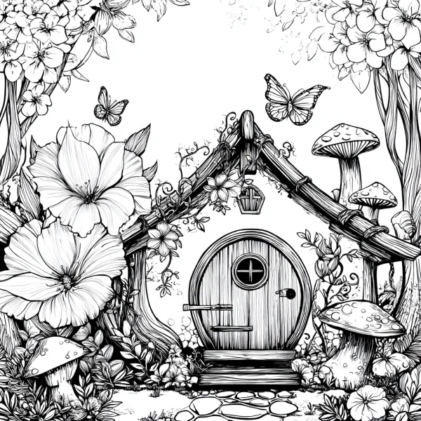Fairy tale forest cottage, fairy tale cartoon style — free printable insects coloring book page