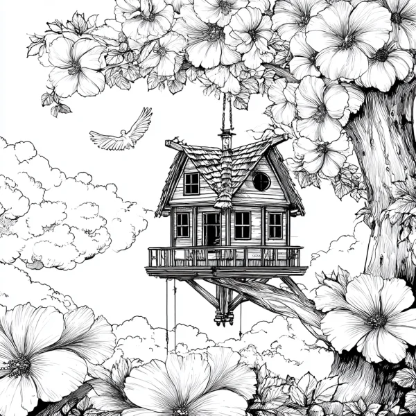 Treehouse surrounded by large hibiscus flowers, fairy tale cartoon style — free printable outdoor coloring book page