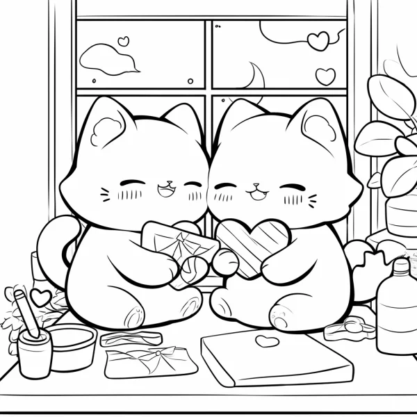 Two cute cats exchanging heart-shaped gifts, cartoon style — free printable handmade coloring book page
