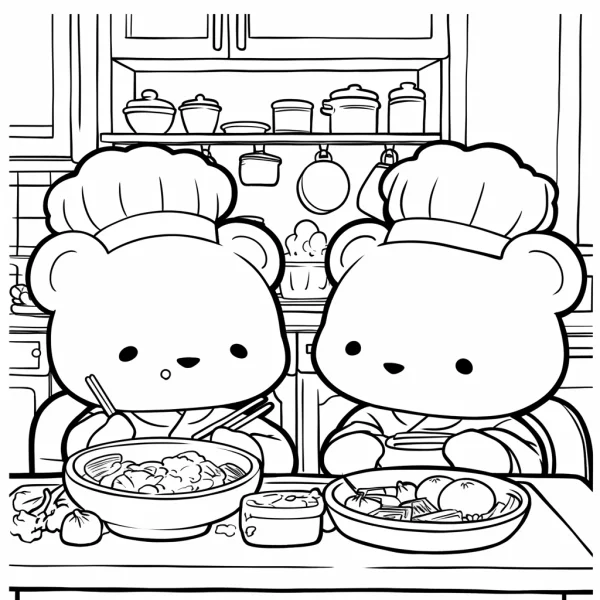 Two cute chef bears enjoying food in kitchen, cartoon style — free printable cooking coloring book page