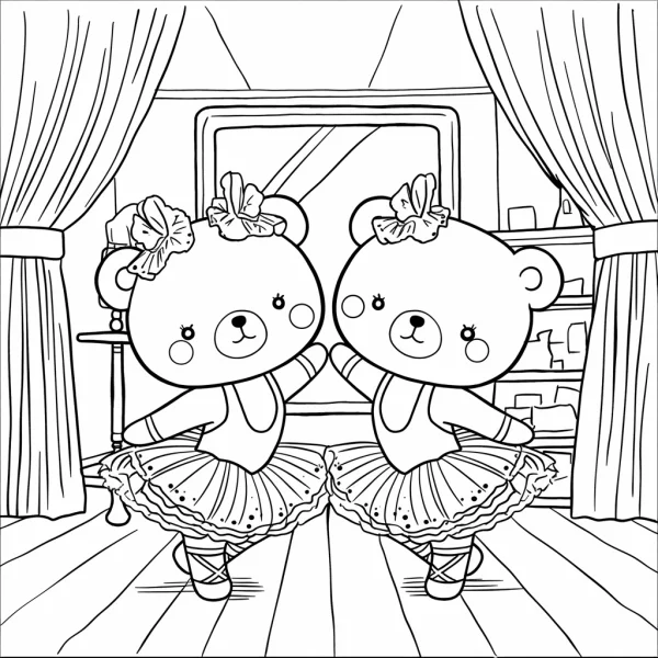Two cute ballet teddy bears, cartoon style — free printable dance coloring book page