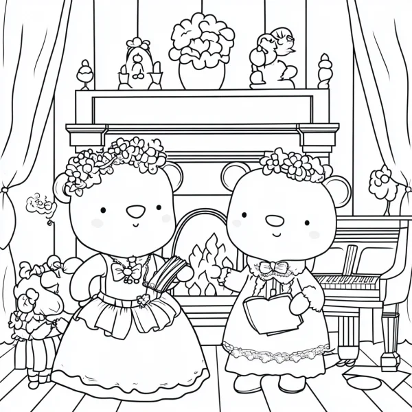 Cute teddy bears wearing flower wreaths and fancy dresses, cartoon style — free printable party coloring book page