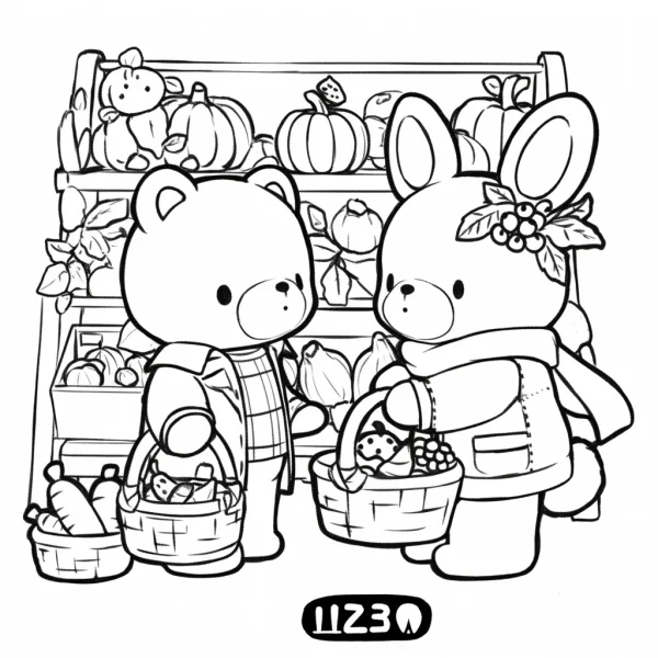 Cute cartoon bear and rabbit shopping at a farmers market stall, holding baskets with vegetables and fruits — free printable shopping coloring book page