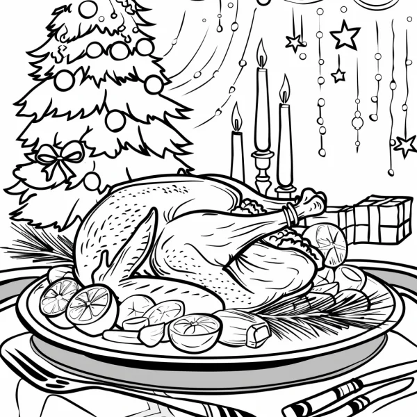 Roasted turkey feast with christmas tree, cartoon style — free printable thanksgiving coloring book page