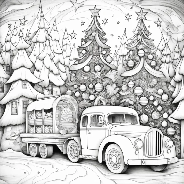 Vintage truck loaded with christmas gifts and decorations, christmas forest scene with decorated christmas trees — free printable life scenes coloring book page