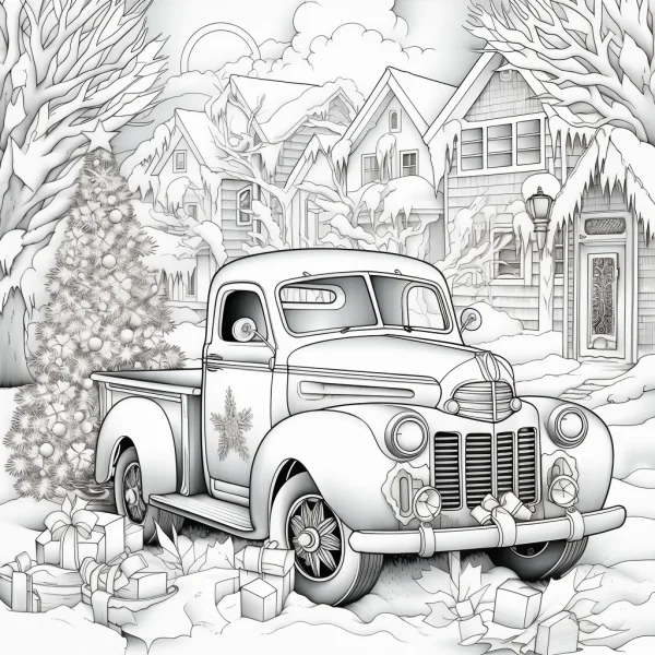 Vintage pickup truck in snowy christmas neighborhood, with christmas tree and gift boxes — free printable life scenes coloring book page
