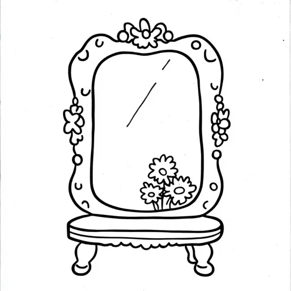 Decorative standing mirror with daisies and top floral decor, cartoon style — free printable other life themes coloring book page