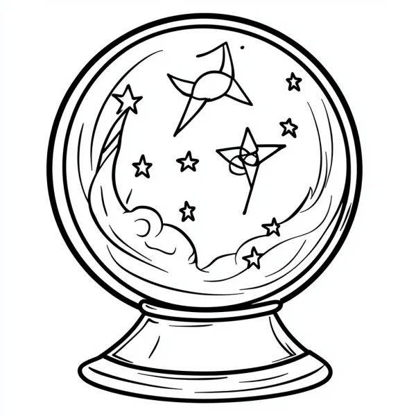 Magic crystal ball with crescent moon, stars and clouds inside — free printable starry sky coloring book page