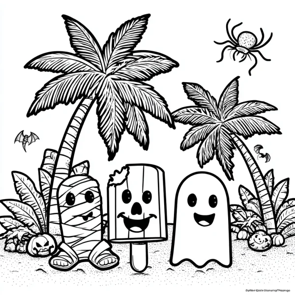 Cute halloween cartoon characters including mummy, popsicle ghost and friendly ghost on tropical beach with palm trees — free printable tropical style coloring book page