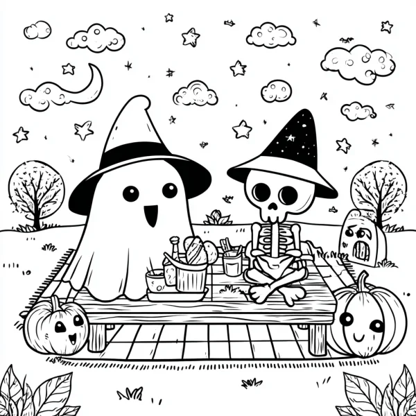 Cute ghost and skeleton wearing witch hats having picnic on halloween, cartoon style — free printable picnic coloring book page