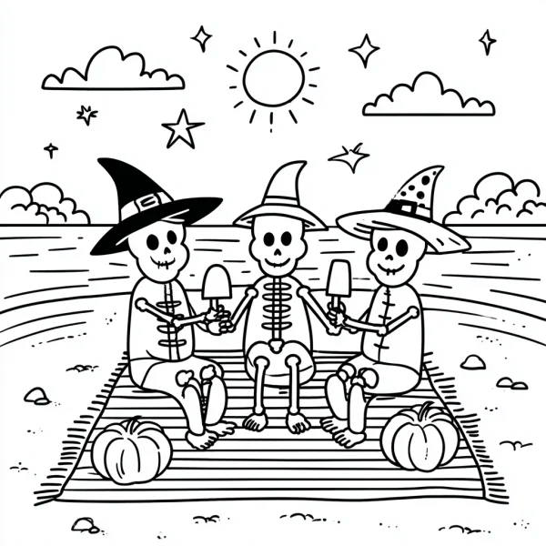 Halloween skeletons having a picnic on the beach, cartoon style — free printable beach coloring book page