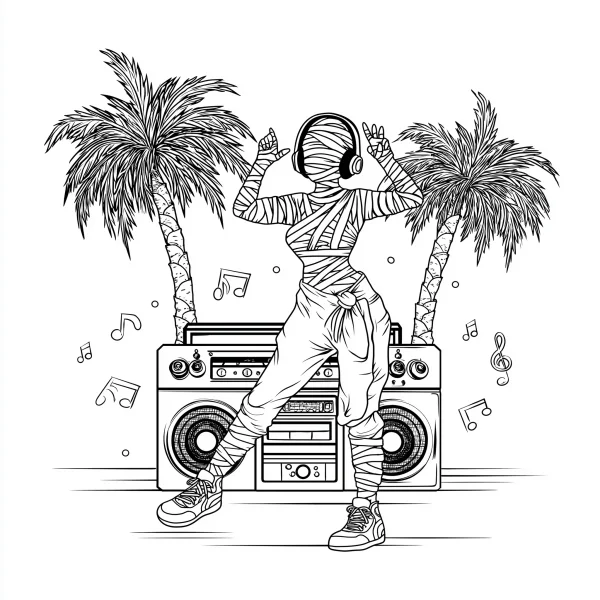 Dancing mummy wearing headphones, cartoon style — free printable party coloring book page