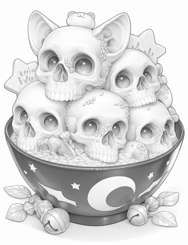Cute kawaii skulls in a bowl with rice-like details, cartoon style — free printable cute coloring book page