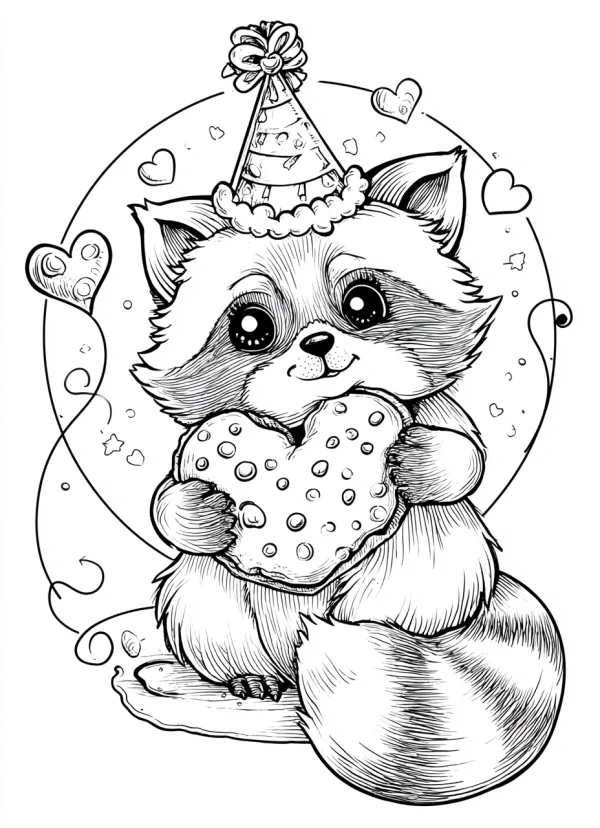 Cute raccoon wearing party hat holding heart-shaped cookie, cartoon style — free printable party coloring book page