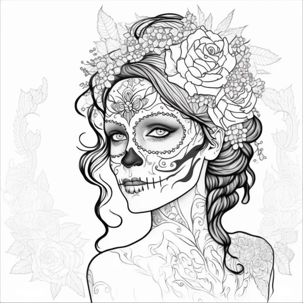 Day of the dead makeup woman with rose flower crown and curly braided hair, decorative art and realistic illustration style — free printable culture coloring book page