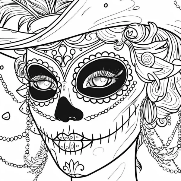 Day of the dead sugar skull woman with wide-brimmed feather hat, latin american style — free printable latin american culture coloring book page