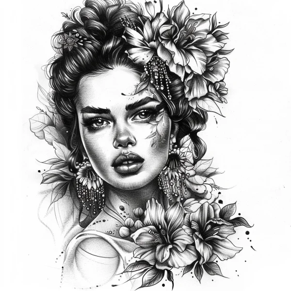 Realistic woman adorned with large flowers and dangling earrings, black and white hand-drawn line art — free printable character theme coloring book page