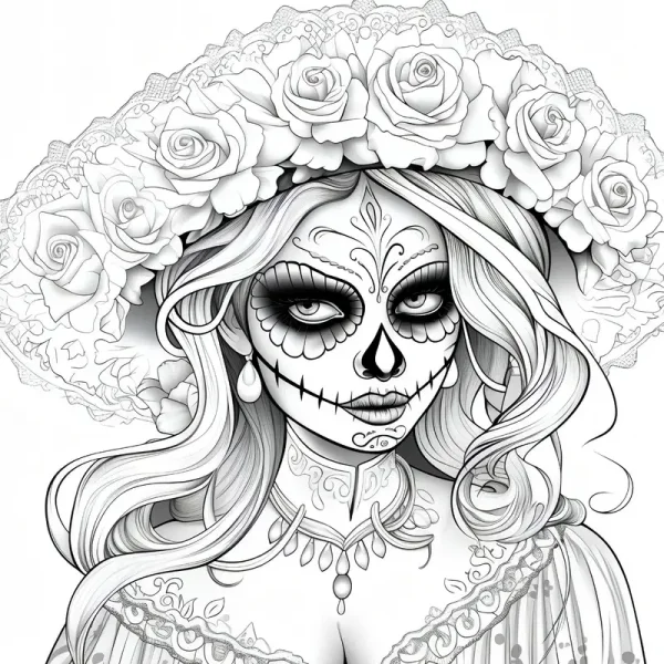 Day of the dead catrina lady, cartoon style — free printable latin america coloring book page