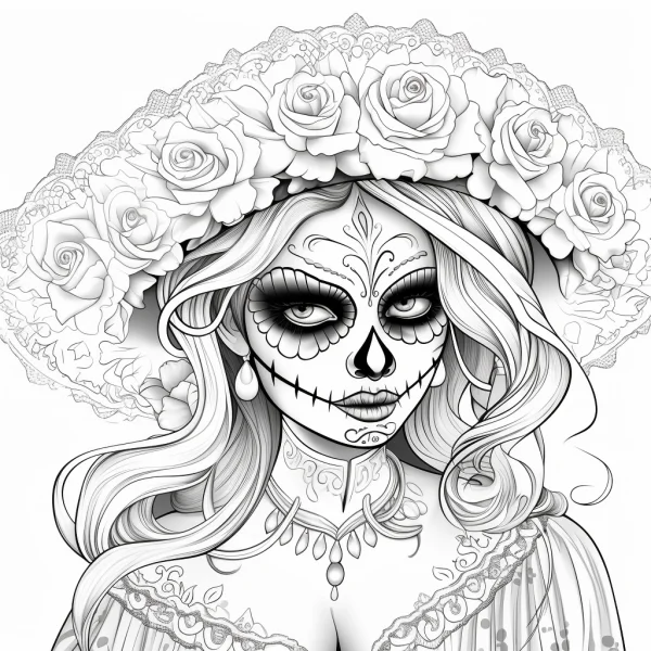 Day of the dead woman with sugar skull makeup, wearing a wide-brimmed hat adorned with roses and lace — free printable latin america coloring book page