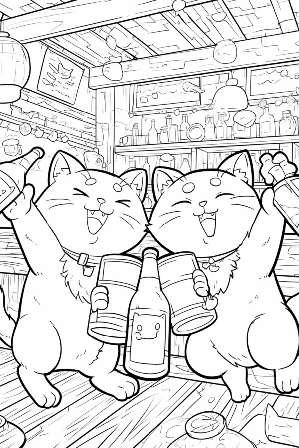 Two cheerful toasting cats, cartoon style — free printable party coloring book page