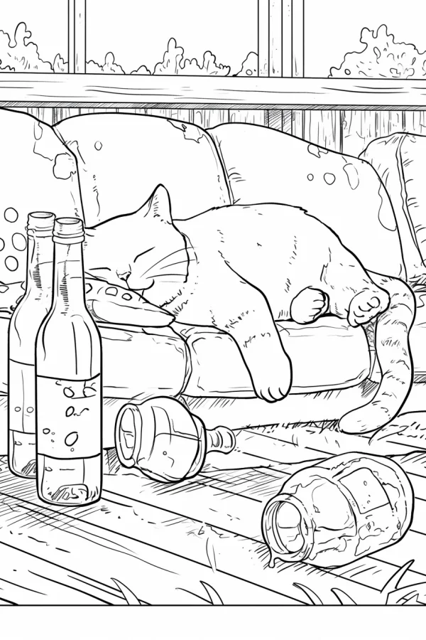 Lazy sleeping cat on a cushioned sofa, cartoon style — free printable leisure life coloring book page