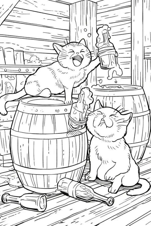 Drunk cartoon cats, cartoon style — free printable party coloring book page
