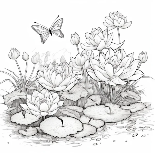 Water lilies, lotus leaves and a butterfly — free printable insects coloring book page