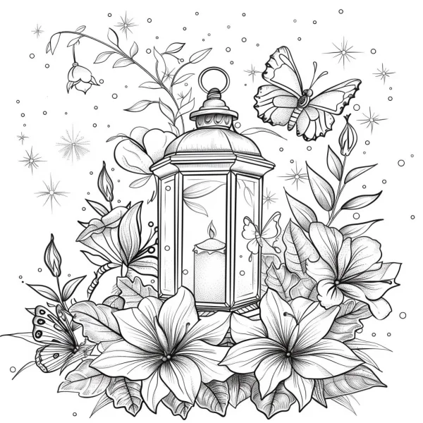 Lantern surrounded by lilies and butterflies, realistic line art style — free printable insects coloring book page