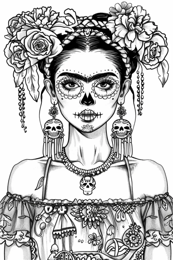 Day of the dead woman with sugar skull makeup, latin american style — free printable latin america coloring book page
