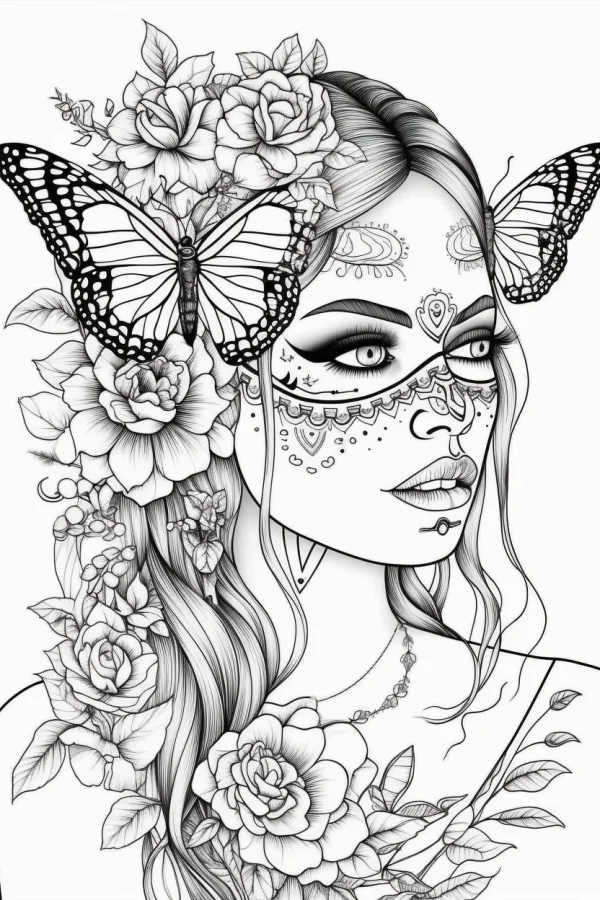 Day of the dead styled woman adorned with roses and butterflies, art nouveau style — free printable butterfly coloring book page