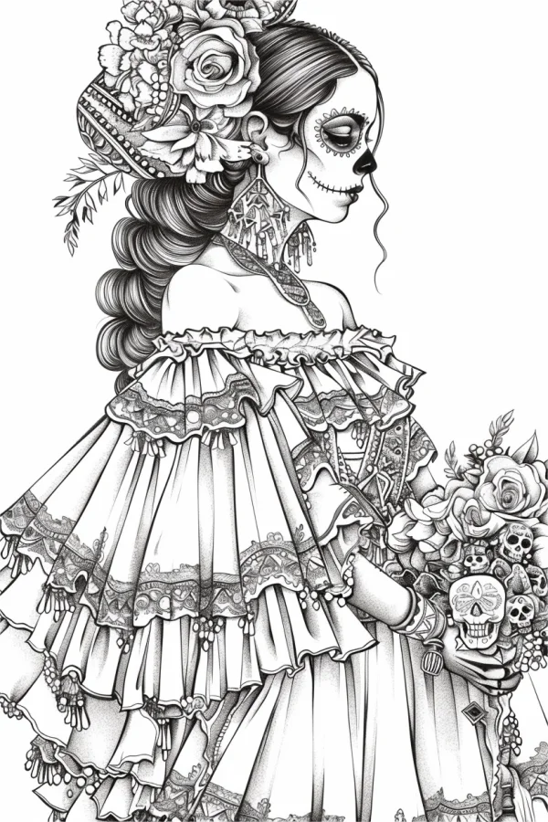 Day of the dead catrina skull lady, latin american folk art style — free printable latin american culture coloring book page