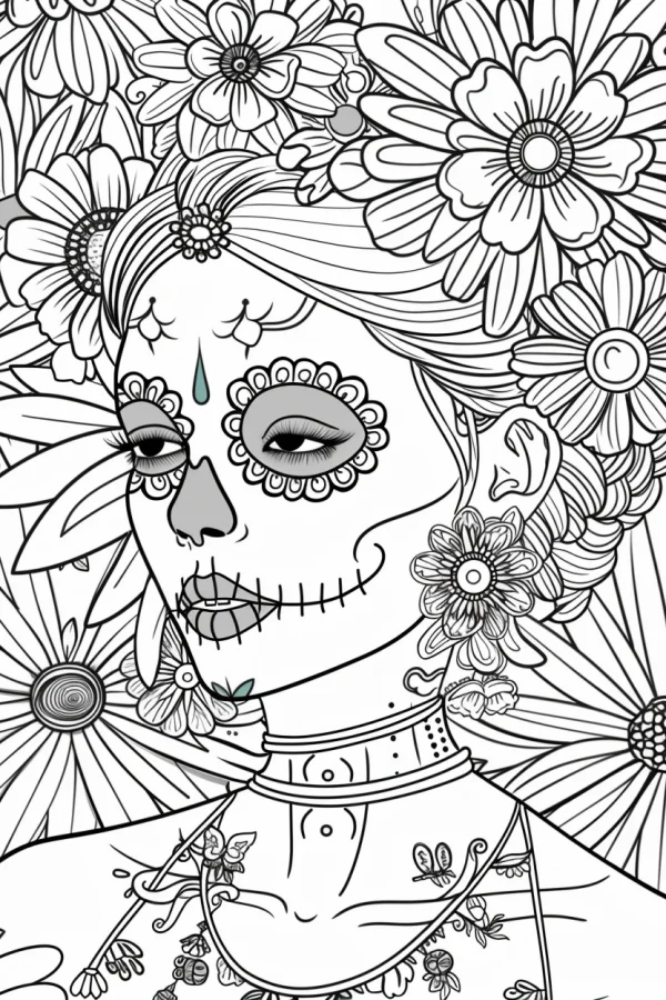 Day of the dead sugar skull woman, latin american traditional style — free printable latin american culture coloring book page