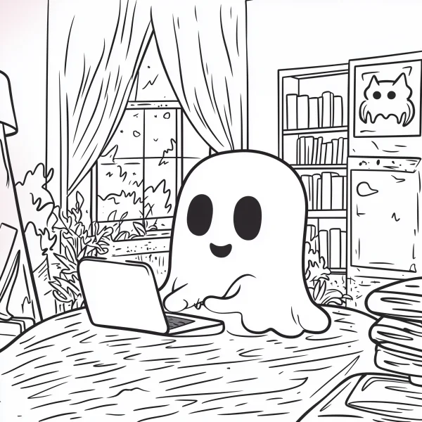 Cute ghost using laptop, cartoon style — free printable work coloring book page