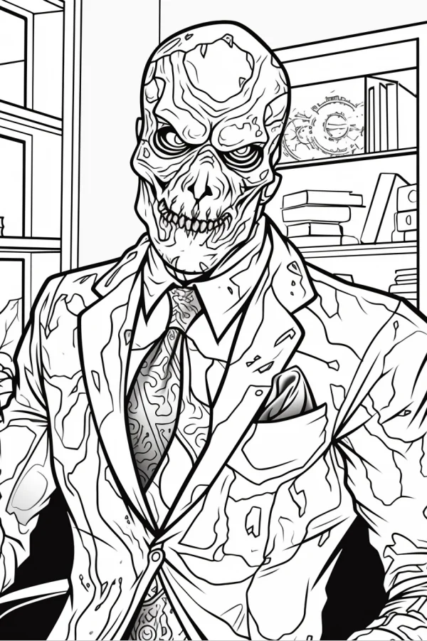 Suit zombie with skull-like face and sharp teeth, cartoon horror style — free printable work coloring book page